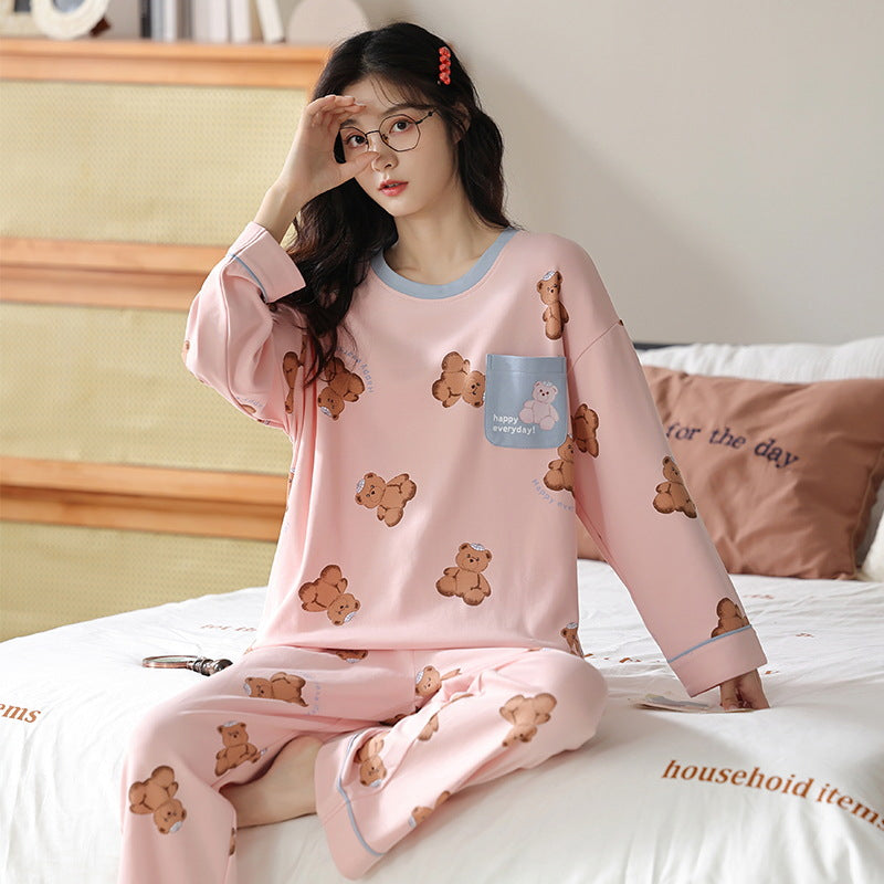 Loose Print Pajamas Women Autumn Winter Pyjama Set Long Sleeves And Trousers Sleepwear