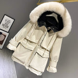Hooded Faux Fur Collar Women's Clothing Big Pocket Down Jacket Female Winter Coat Woman