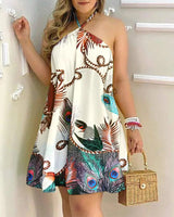 Printed Dress Summer Off-Shoulder Hanging Neck Sleeveless Dresses Women