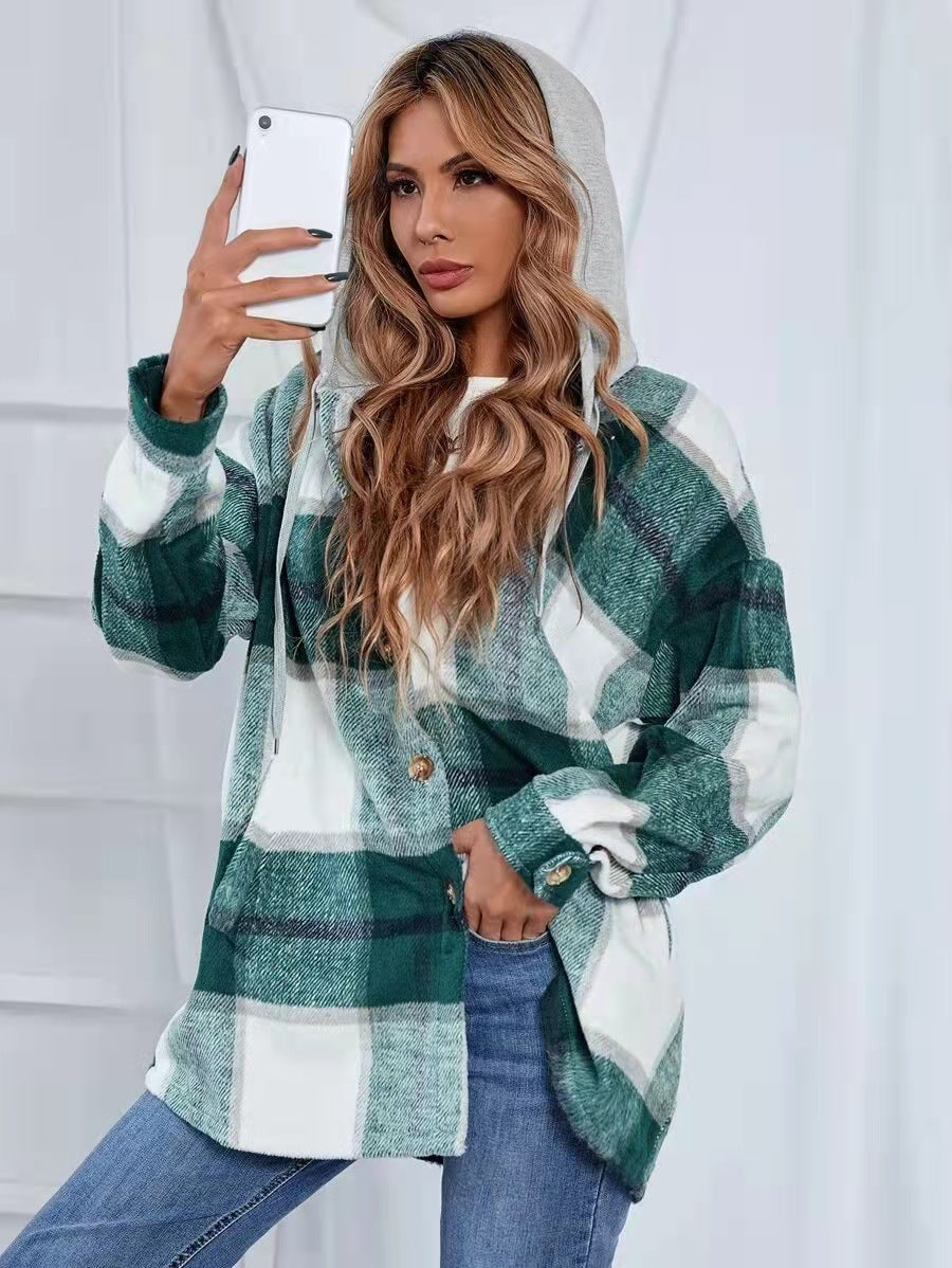 Women Cardigan Plaid Woolen Coat