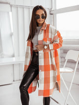 Women's Long Sleeve Color Plaid Brushed Woolen Long Coat