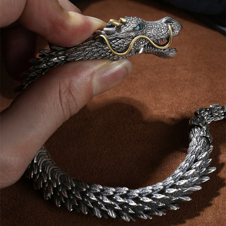 Pure Tibetan Silver Dragon Head Domineering Bracelet Men's Retro