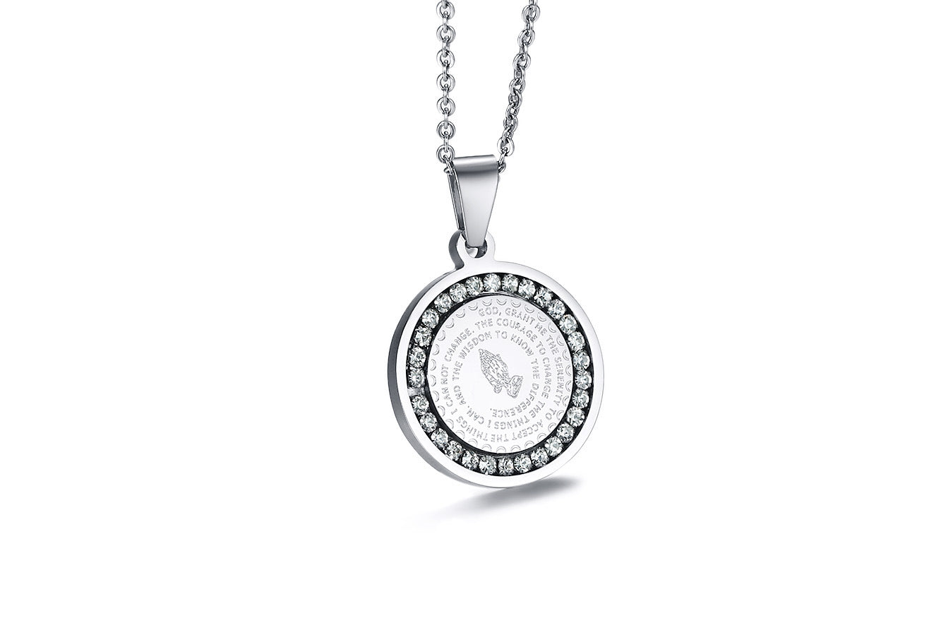 Stainless Steel Rhinestone English Scripture Prayer Pendant Necklace