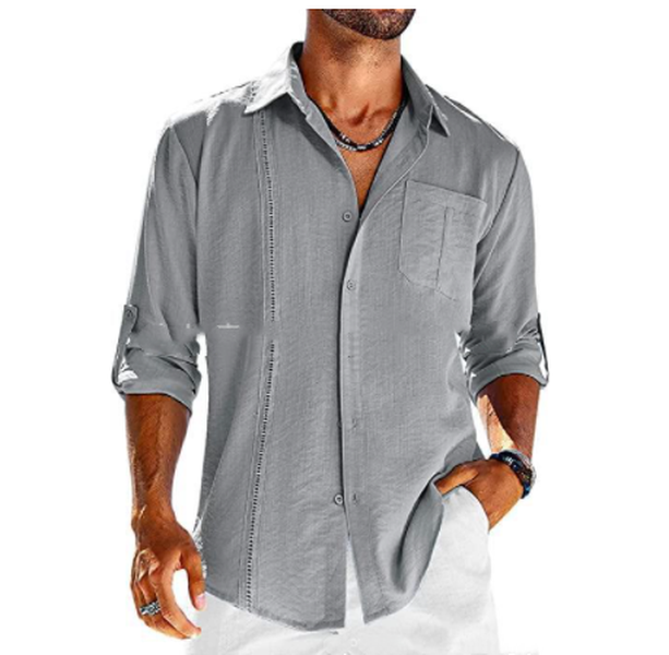 Casual  Long Sleeve Shirt With Pocket Lace Polo Collar Solid Color Button Mens Clothing - Minihomy