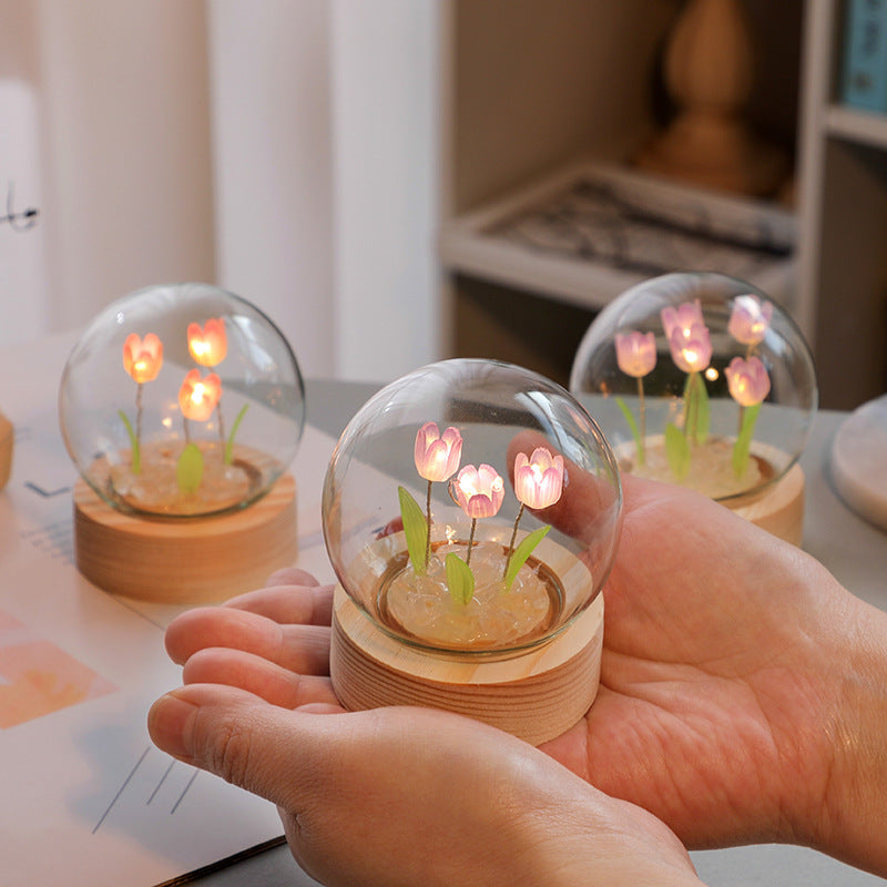 Artificial Tulip Flower Night Light Ornaments Handmade DIY Bedside Lamp LED Night Lamp Bedroom Decor Birthday Gifts Table Lamp