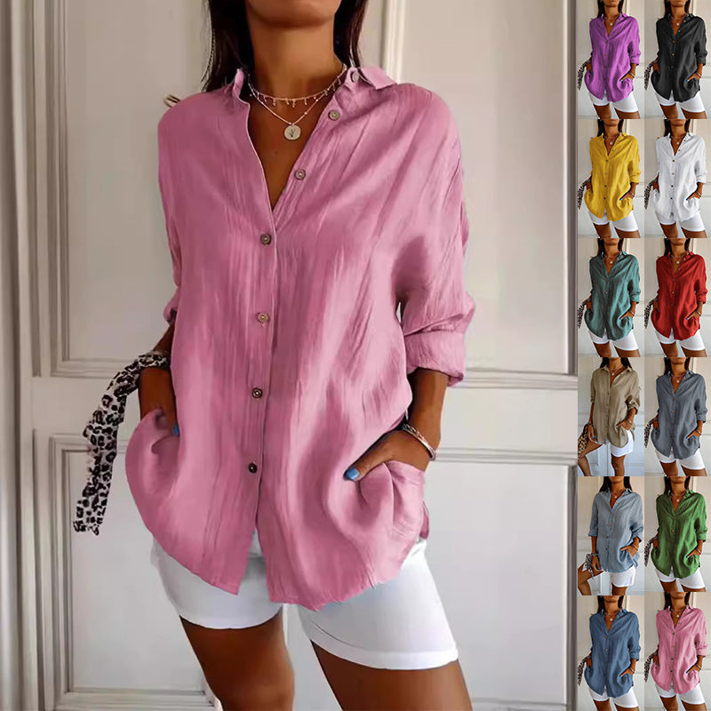 Women's Long Sleeve Lapel Pleated Shirt - Single-Breasted Casual Blouse