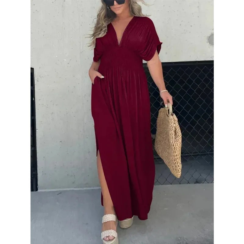 Summer V-Neck Batwing Sleeve Dress with Elastic Waist - Women's Casual Short Sleeve Maxi Dress