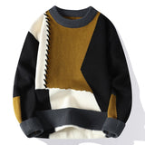 Vintage Sweater Men's Color Contrast Patchwork Round Neck Knitted Sweater