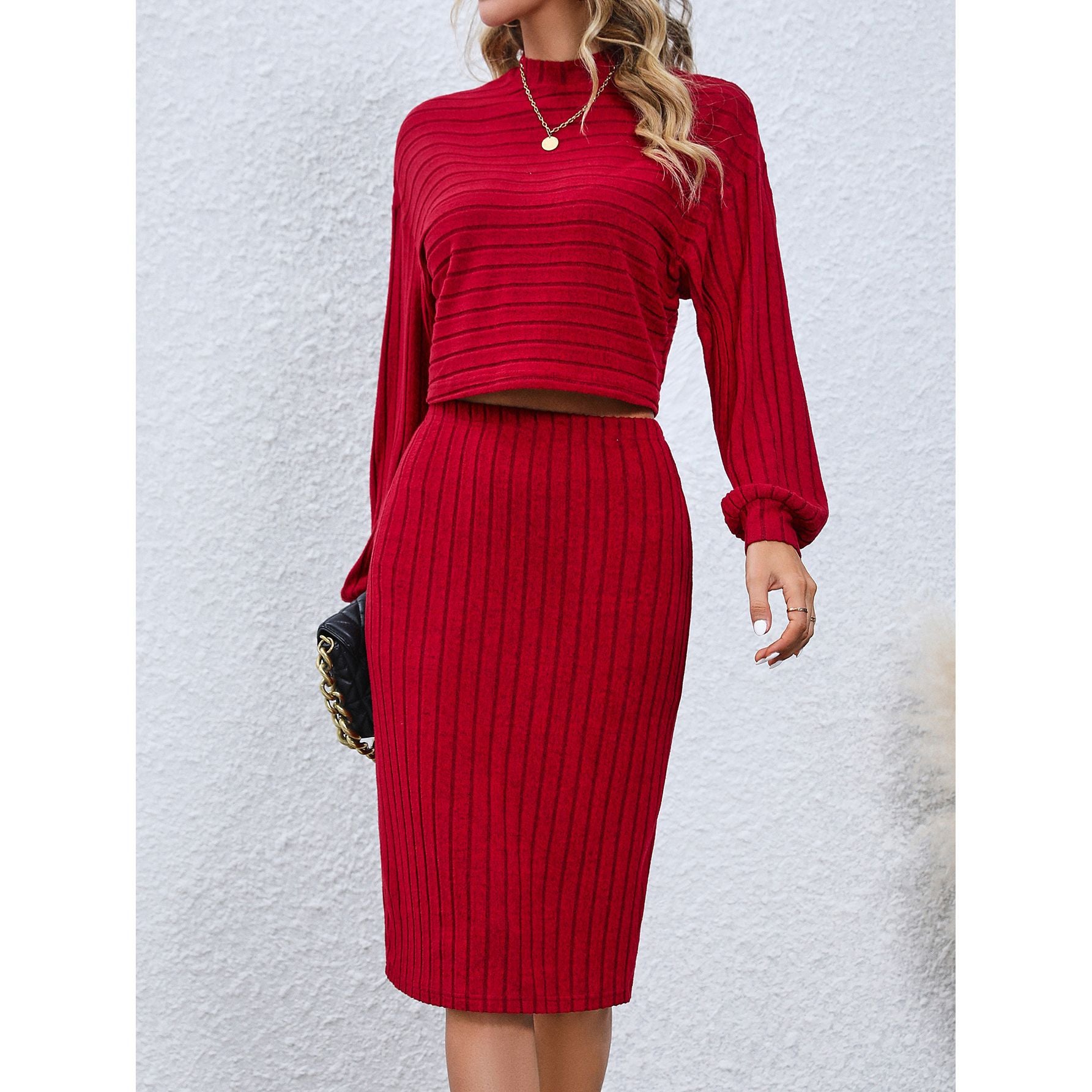 Long Sleeve Top Solid Color Hip Skirt Two Pieces