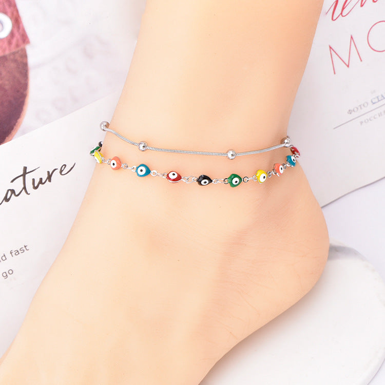 Double-layer Chain Color Billiards Round Beads Anklet - Minihomy