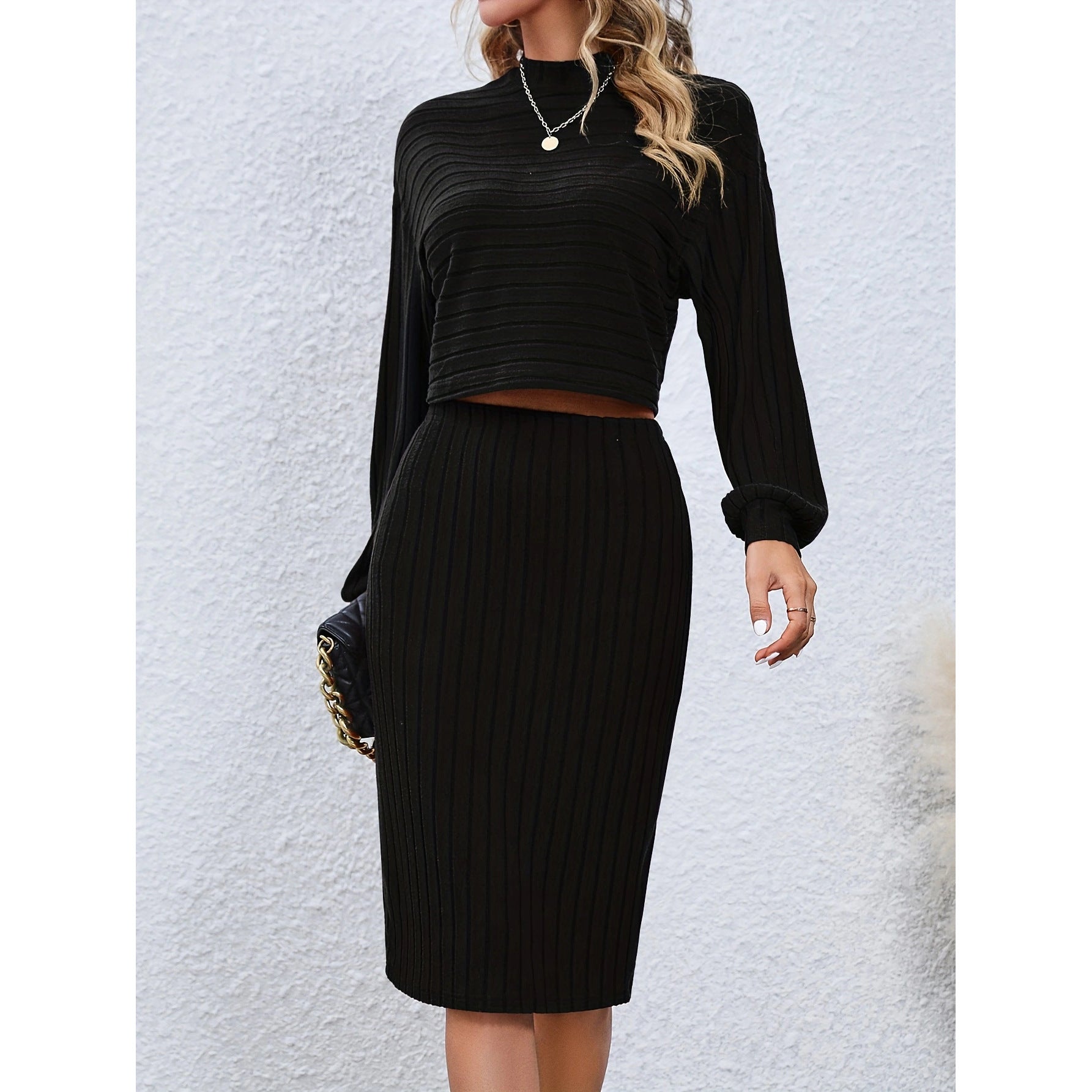 Long Sleeve Top Solid Color Hip Skirt Two Pieces