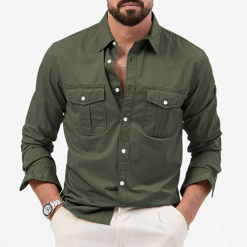 Men Shirt Multi-pocket Solid Color Casual Long Sleeves Top