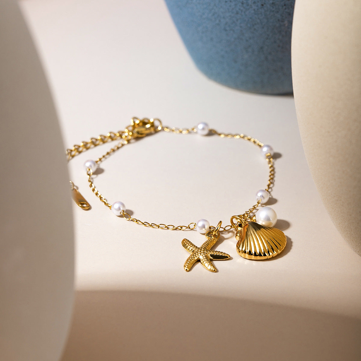 18K Gold Pearl Chain Bracelet - Summer Shell & Starfish Pendant