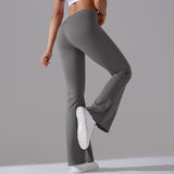 Women's High Waist Non-Embarrassing Line Nylon Brushed Hip Lifting Bell-Bottom Pants