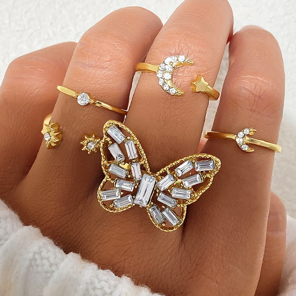 Butterfly Couple Rings Set - Silver Vintage Geometric Wedding Band Gift