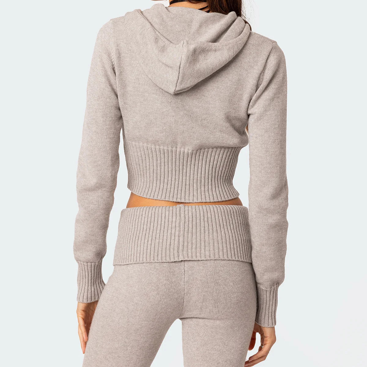 Women's Knit Hooded Zip-Up Crop Top & Flared Pants Set