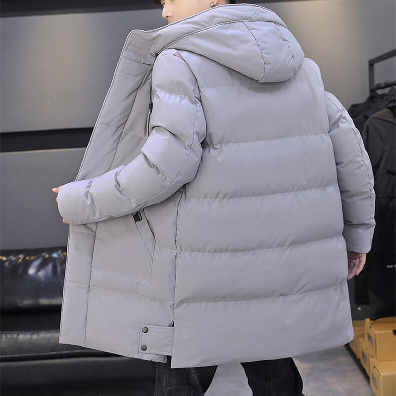 Long Hooded Jacket Men Winter Warm Windproof Coat - Solid Color Outdoor Clothes