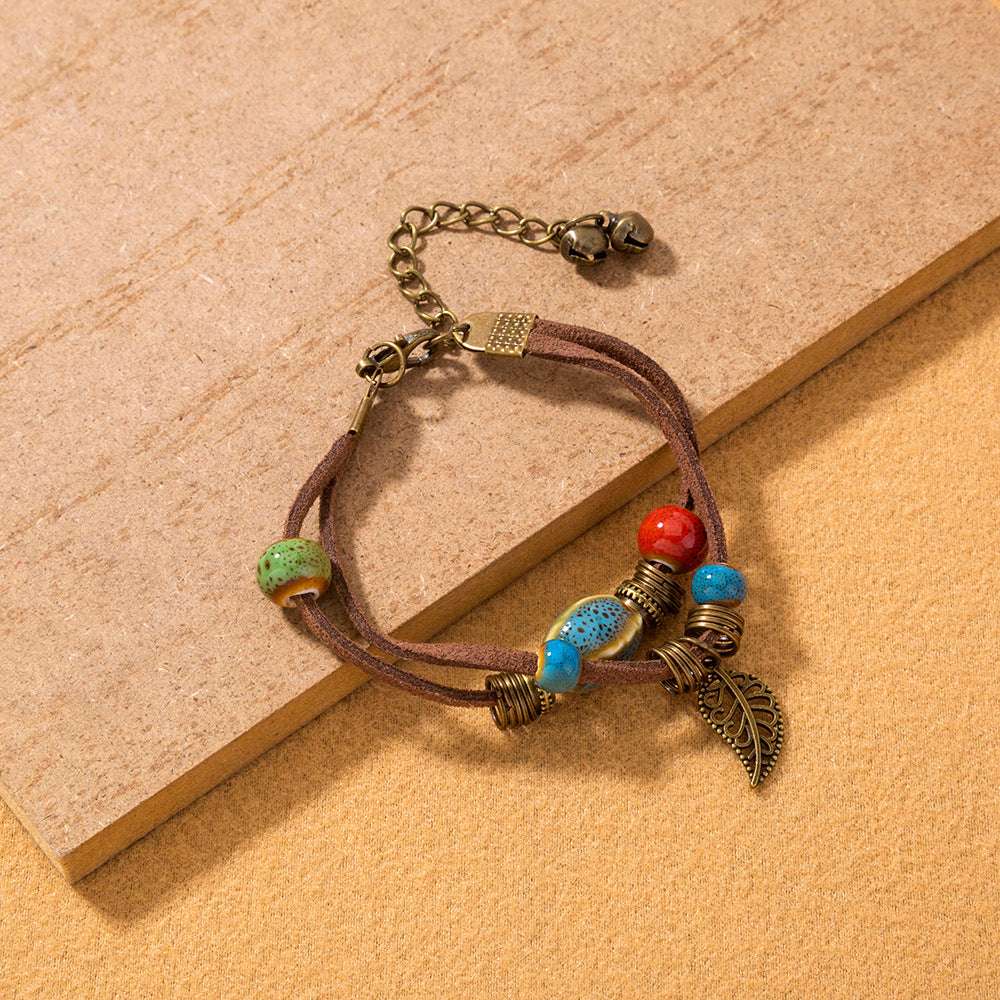 Hand-woven Cowhide Rope Bracelet Ceramic Bohemian Couple Bracelets - Minihomy