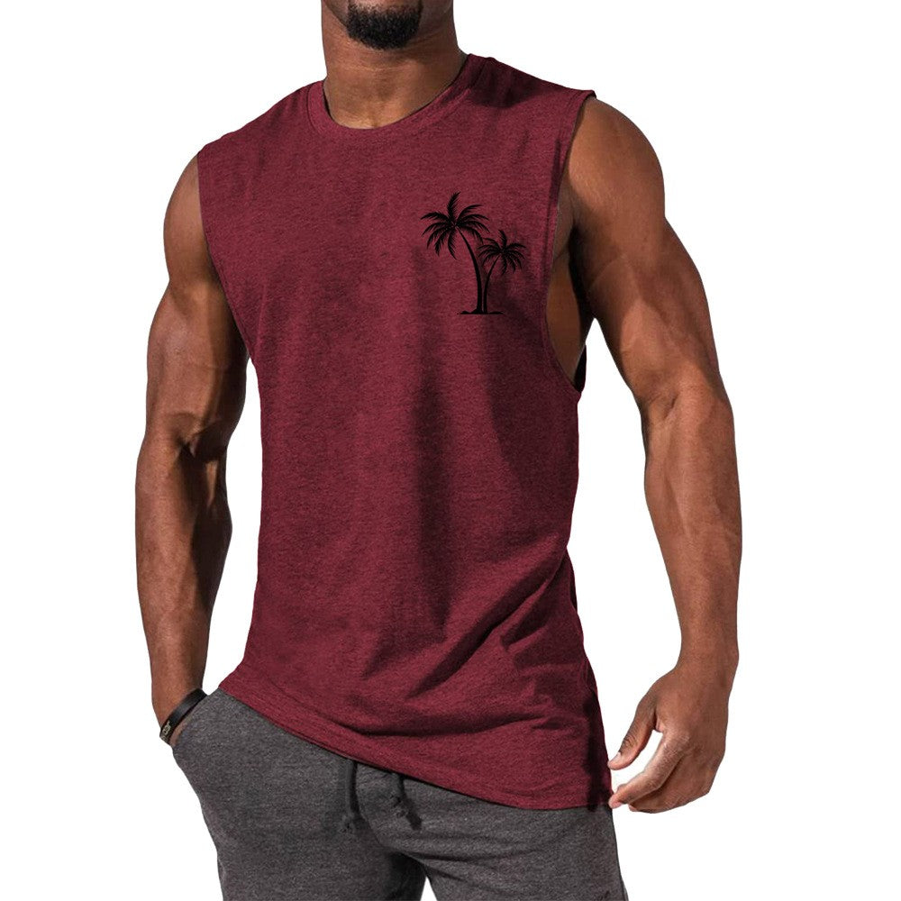 Coconut Tree Embroidery Vest - Summer Beach Tank Tops Workout Muscle Men Sports Fitness T-shirt