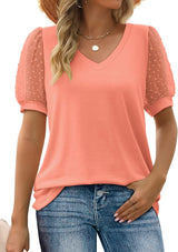 Women Summer Tops V Neck T Shirts Swiss Dot Puff Sleeve Tops Loose Casual T-shirts