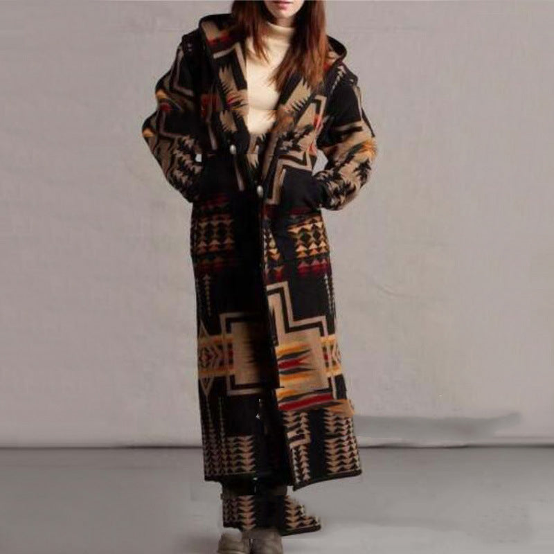 Women's Long Trench Coat Printed Hooded Jacket