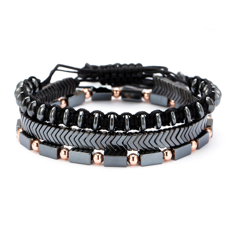 Men's Bracelet Black Iron Stone Flying Saucer Woven Three Sets Of Bracelets set - Minihomy