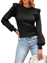 Ruffled Shoulder Long Sleeve Round Neck Slim Rib Knitted Sweater