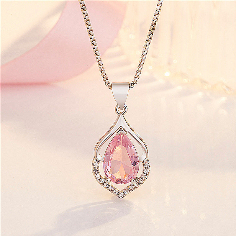 Style Colored Gems Water Drop Pendant Clavicle Chain