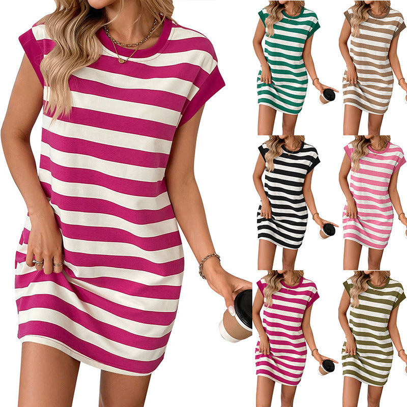 Striped Short Sleeve Pocket Dress for Women - Casual Summer Mini