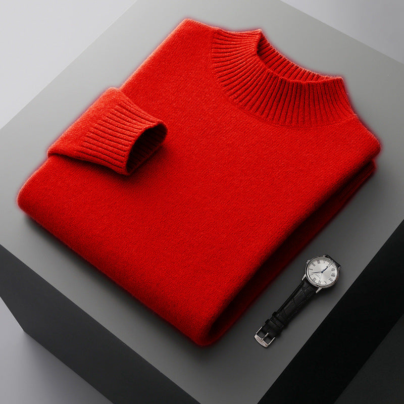 Mock Neck Sweater Men's Knitted Shirt - Pure Wool