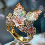 Gold Plated Butterfly Flower Crystal Ring for Women - Elegant Aesthetic Jewelry