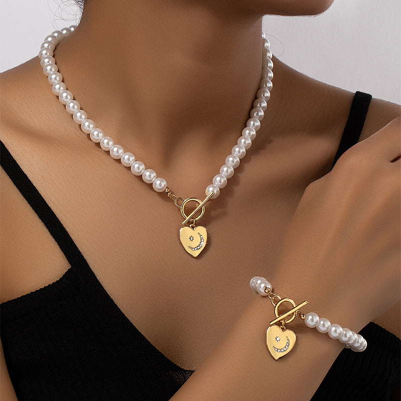 Pearl Bracelet And Necklace Set Female With Hearts Clavicle Chain