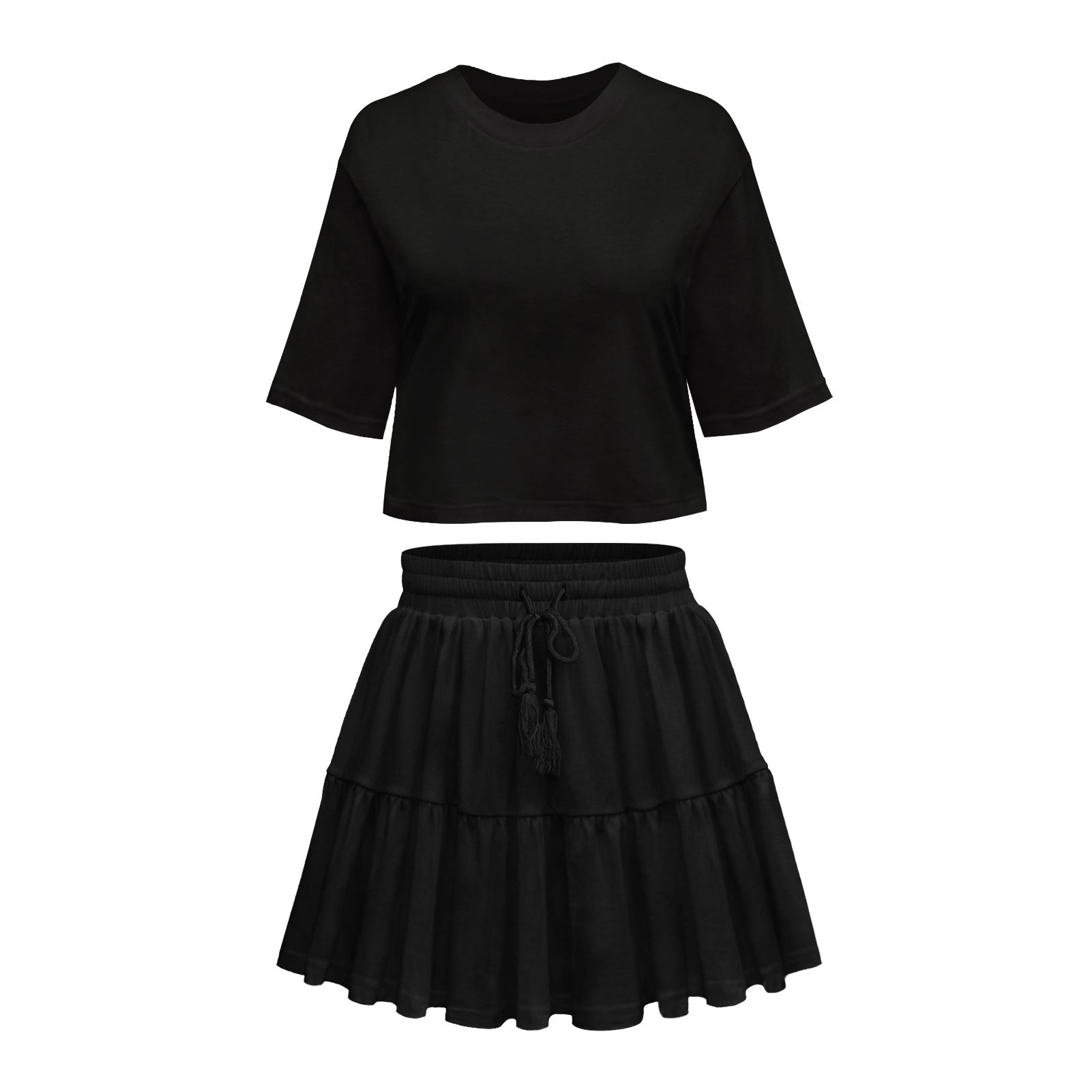 Round Neck Solid Color Half Sleeves Loose Top T-shirt Drawstring Pleated Skirt Commuter Suit