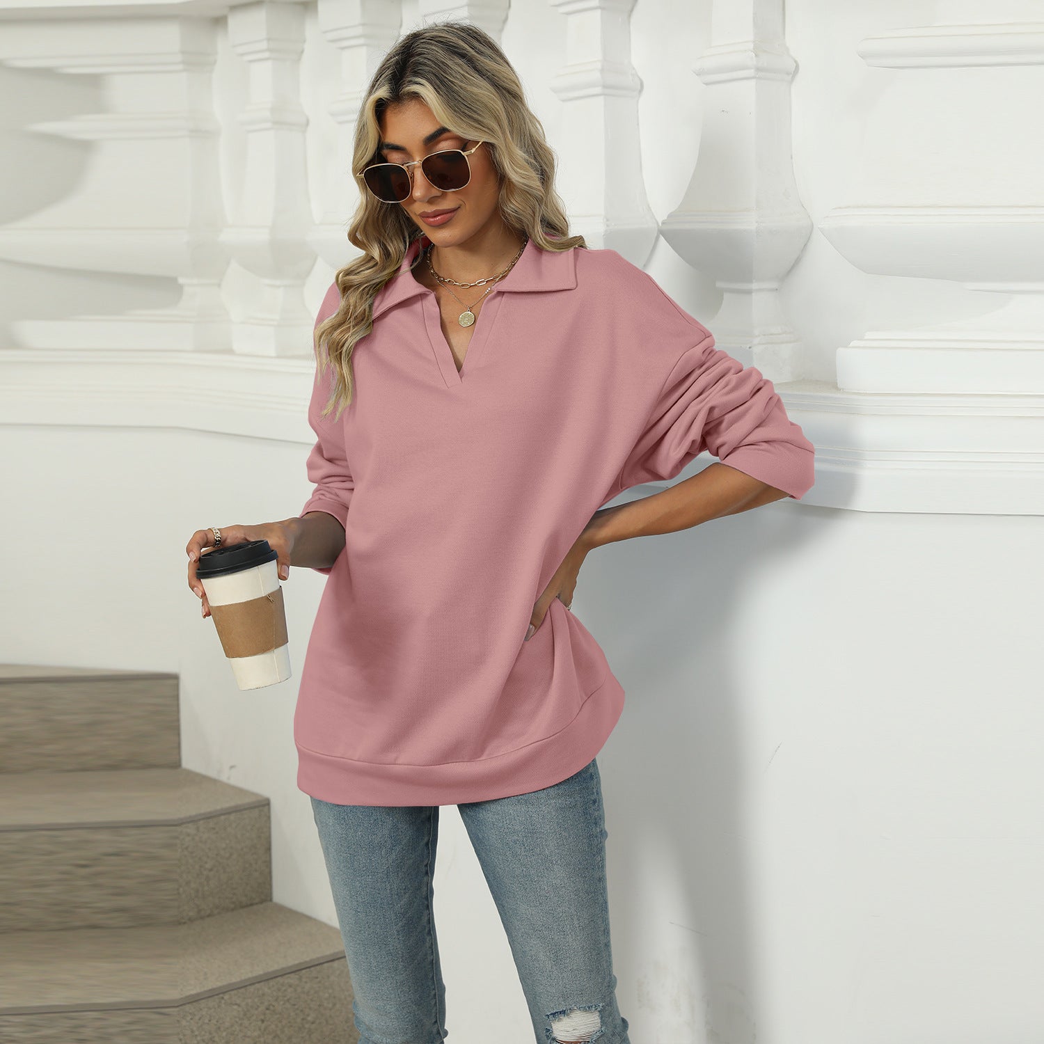 New Lapel V-neck Sweatshirt Fashion Casual Loose Solid Color  Long-sleeved Pullover Top For Womens Clothing - Minihomy