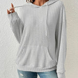 Women's Long Sleeve Hoodie Sweatshirt - Drawstring, Pockets, Sunken Stripe, Knitwear