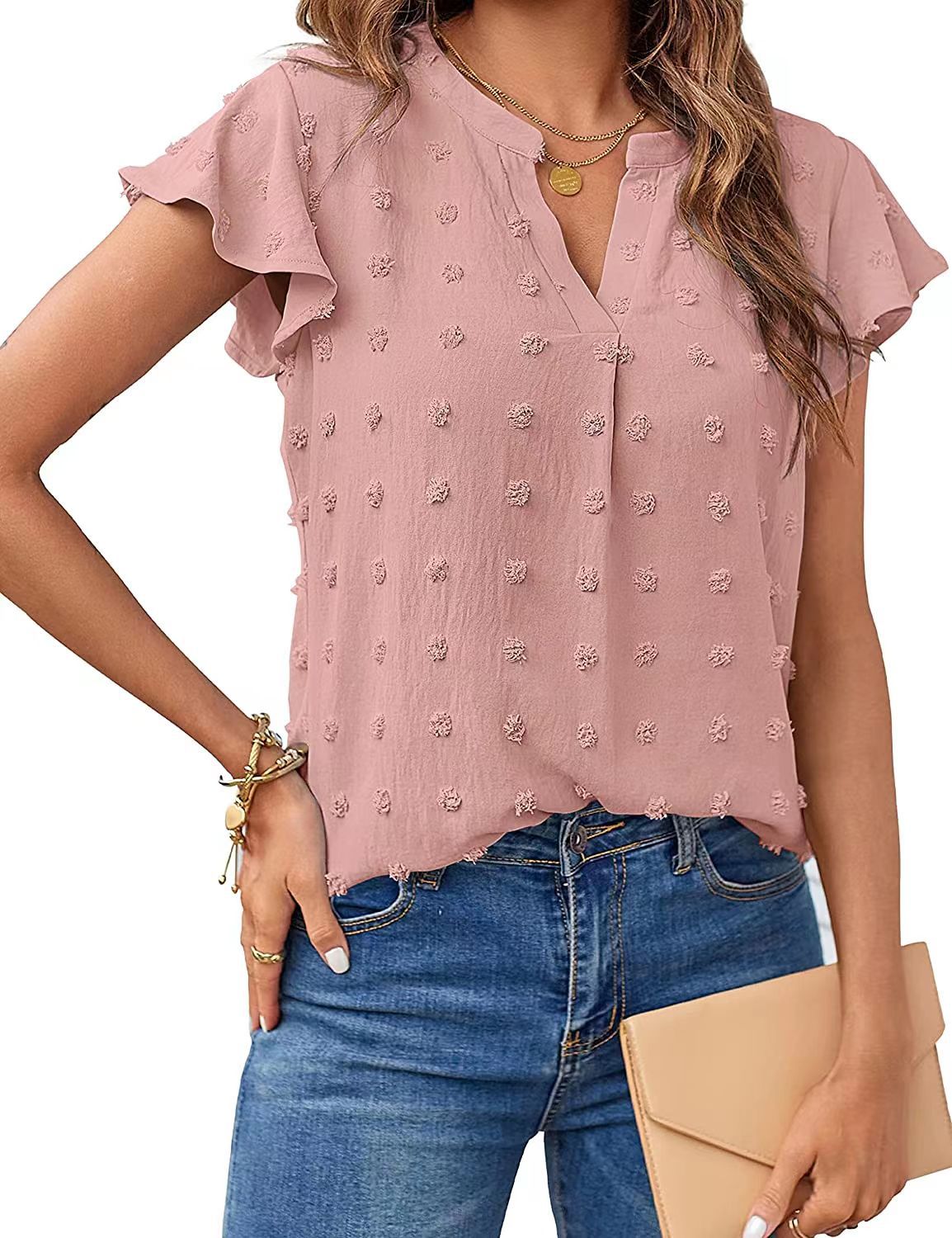 Women's Summer V Neck Ruffle Short Sleeve Blouse - Dot Flowy Shirt Top