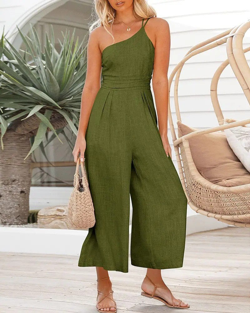 Solid Color Loose Wide-leg Cotton And Linen Jumpsuit