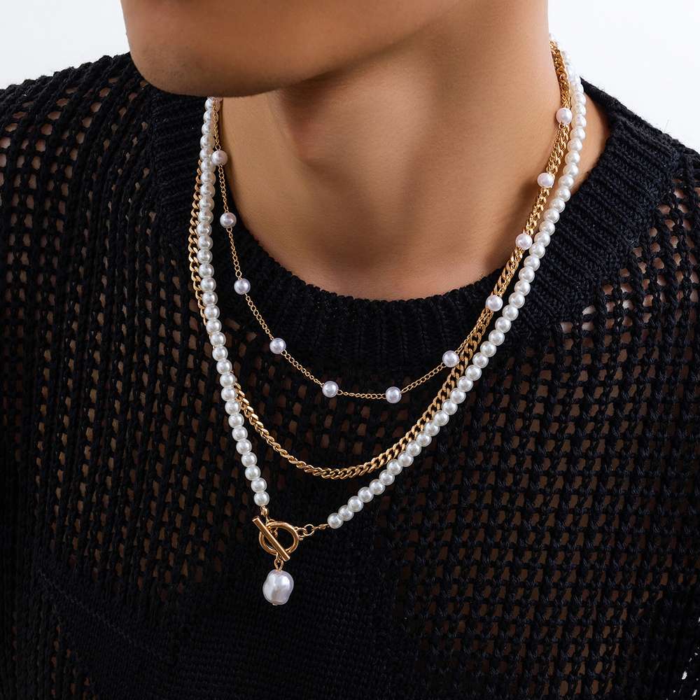 Men's OT Buckle Pearl Chain Necklace Three-piece Set - Minihomy