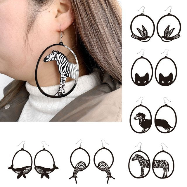 Acrylic Dangle Earrings Round Asymmetric Black For Cat Zebra Snail Swallow Whale Dog Drop Earrings Exaggerated Jewelry