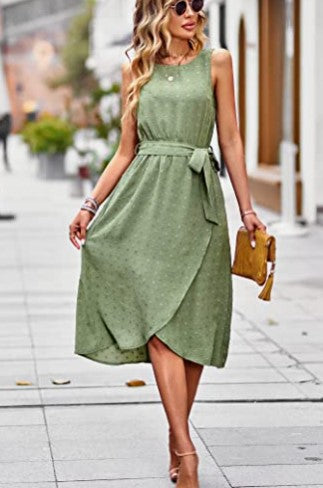 Sleeveless Round Neck Tied Polka Dot Dress