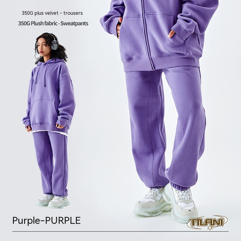 Fleece-lined Thick Loose Solid Color Sweatpants - Minihomy