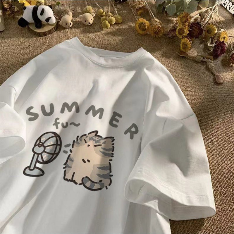 Pure Cotton Cartoon Kitten Print Short Sleeve Shirt Men And Women