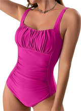 Neck One-piece Bikini Summer New Solid Color Pleated Design Swimsuit Beach Vacation Womens Clothing