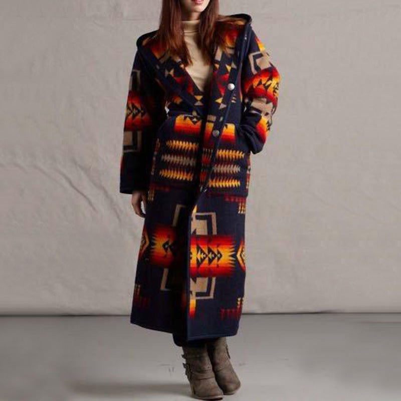 Women's Long Trench Coat Printed Hooded Jacket