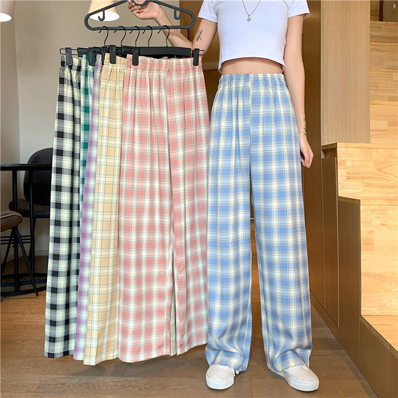 Plaid Wide Leg Pants Women Casual Pants