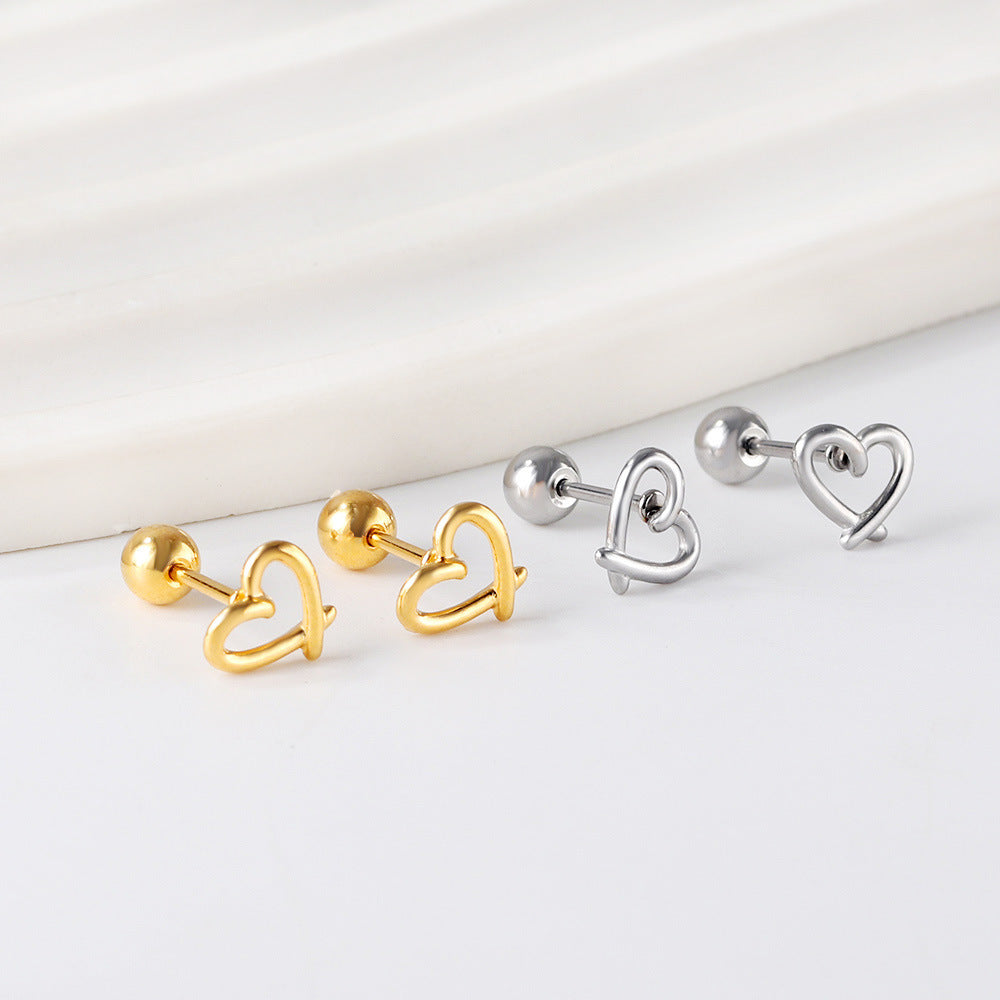 Love Heart Stud Earrings Stainless Steel Hollow Jeweled Earrings