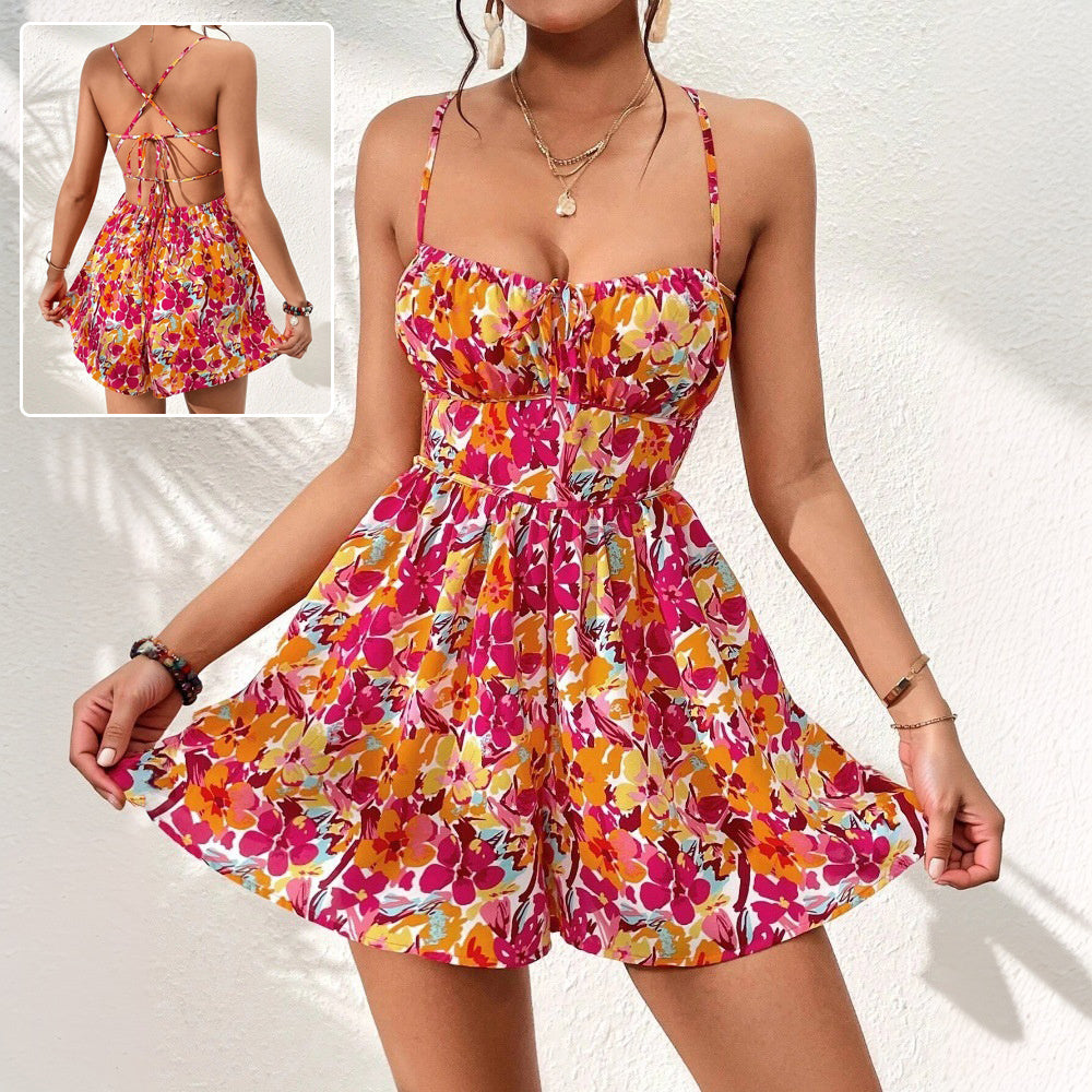 Summer Floral Lace-Up Back Mini Dress for Women