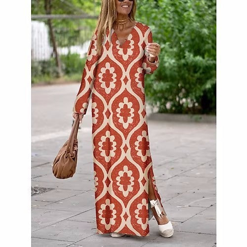 Summer Geometric Printed V-neck Long Dress Fashion Long Sleeve Slit Dresses For Women