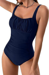 Neck One-piece Bikini Summer New Solid Color Pleated Design Swimsuit Beach Vacation Womens Clothing