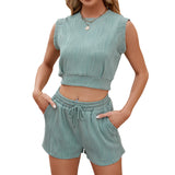 Women's Summer 2-Piece Set - Sleeveless Top and Drawstring Shorts with Wave Pattern Design